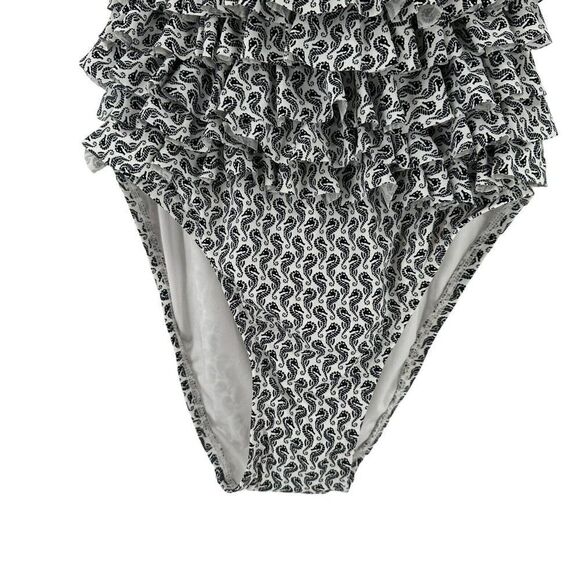 LOFT Swimsuit One Piece Size 6 Ruffle Front Halter Seahorse White And Black NEW - Picture 6 of 11